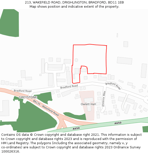 213, WAKEFIELD ROAD, DRIGHLINGTON, BRADFORD, BD11 1EB: Location map and indicative extent of plot