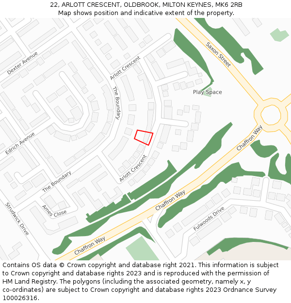 22, ARLOTT CRESCENT, OLDBROOK, MILTON KEYNES, MK6 2RB: Location map and indicative extent of plot