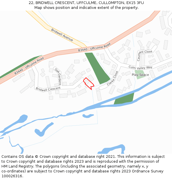 22, BRIDWELL CRESCENT, UFFCULME, CULLOMPTON, EX15 3FU: Location map and indicative extent of plot