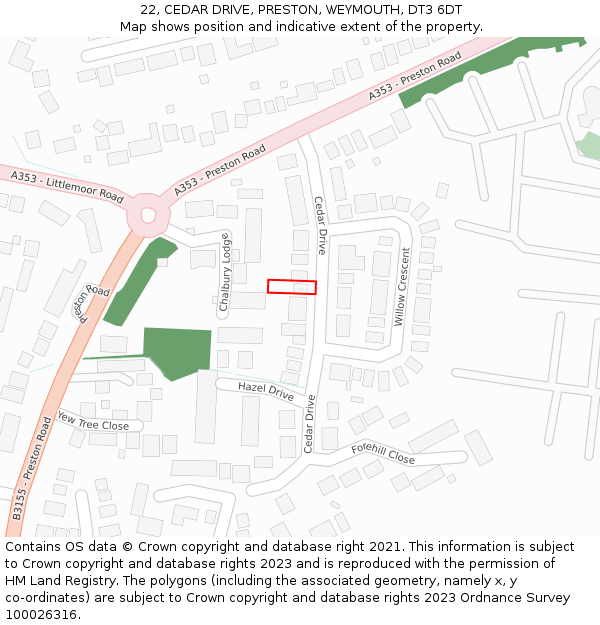 22, CEDAR DRIVE, PRESTON, WEYMOUTH, DT3 6DT: Location map and indicative extent of plot