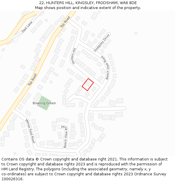 22, HUNTERS HILL, KINGSLEY, FRODSHAM, WA6 8DE: Location map and indicative extent of plot