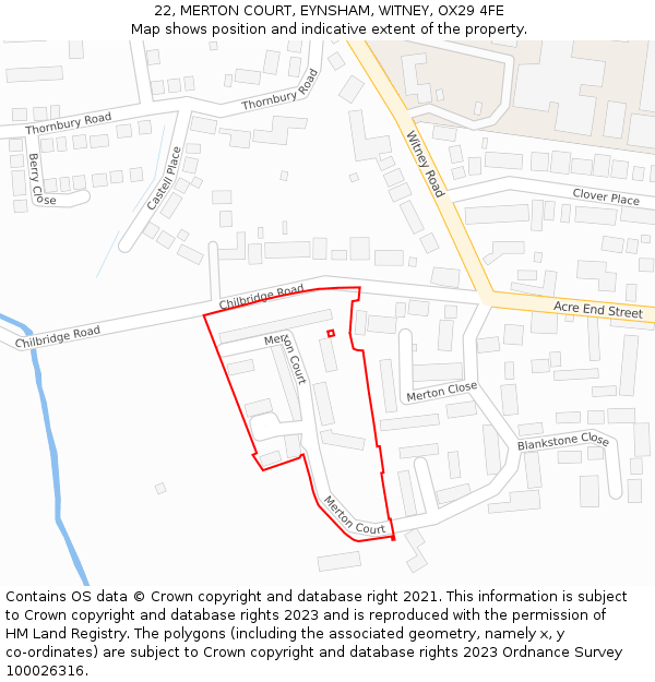 22, MERTON COURT, EYNSHAM, WITNEY, OX29 4FE: Location map and indicative extent of plot