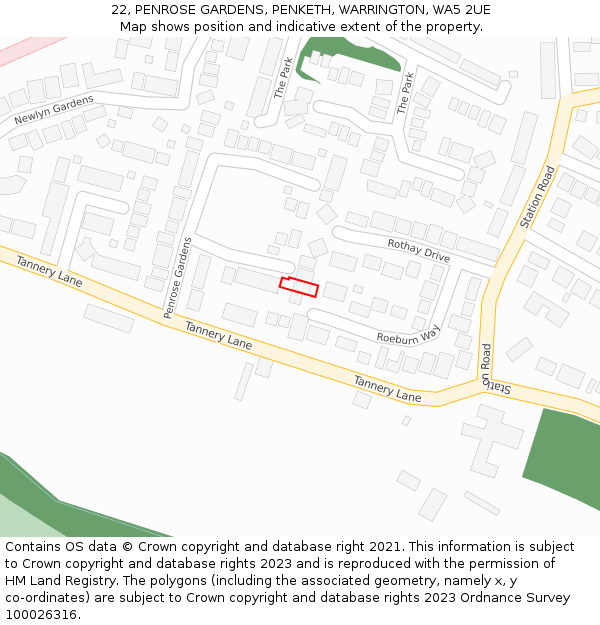 22, PENROSE GARDENS, PENKETH, WARRINGTON, WA5 2UE: Location map and indicative extent of plot