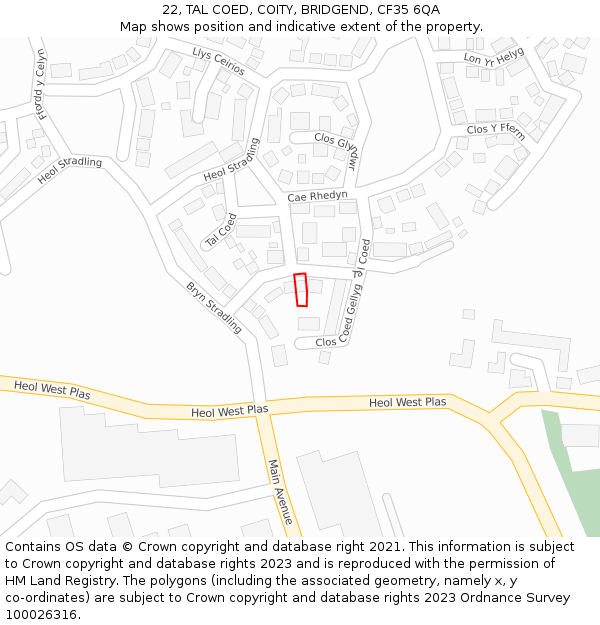 22, TAL COED, COITY, BRIDGEND, CF35 6QA: Location map and indicative extent of plot