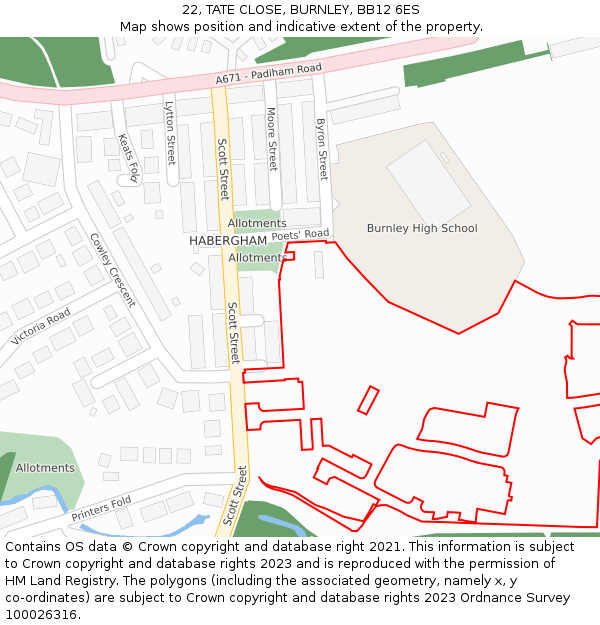 22, TATE CLOSE, BURNLEY, BB12 6ES: Location map and indicative extent of plot