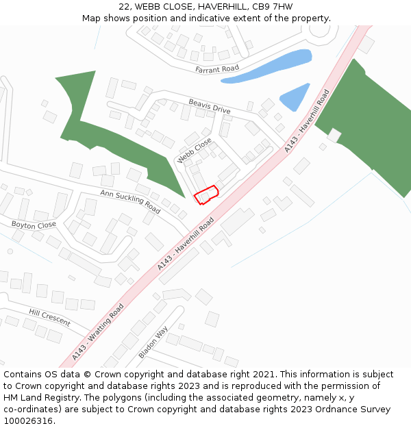 22, WEBB CLOSE, HAVERHILL, CB9 7HW: Location map and indicative extent of plot