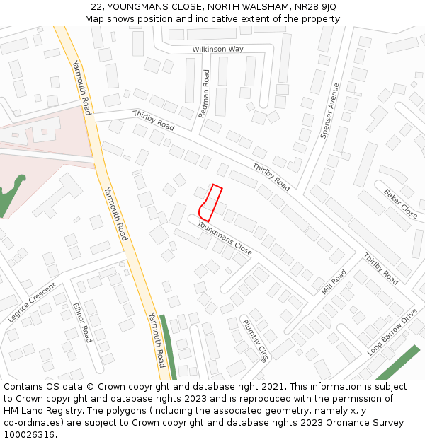 22, YOUNGMANS CLOSE, NORTH WALSHAM, NR28 9JQ: Location map and indicative extent of plot