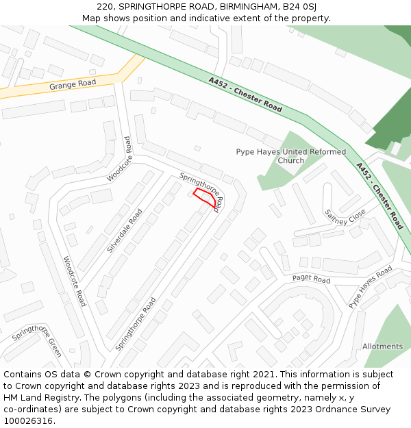 220, SPRINGTHORPE ROAD, BIRMINGHAM, B24 0SJ: Location map and indicative extent of plot