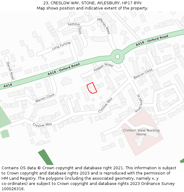 23, CRESLOW WAY, STONE, AYLESBURY, HP17 8YN: Location map and indicative extent of plot