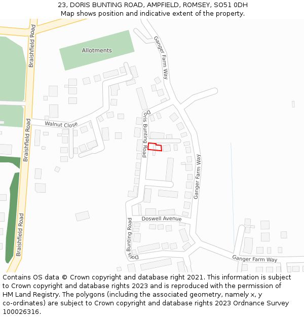 23, DORIS BUNTING ROAD, AMPFIELD, ROMSEY, SO51 0DH: Location map and indicative extent of plot