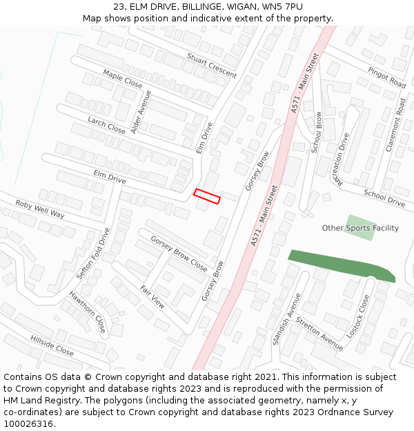 23, ELM DRIVE, BILLINGE, WIGAN, WN5 7PU: Location map and indicative extent of plot