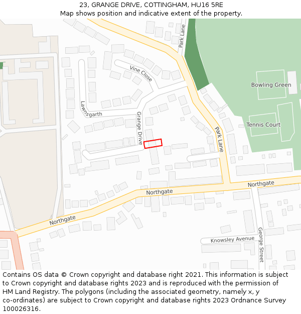 23, GRANGE DRIVE, COTTINGHAM, HU16 5RE: Location map and indicative extent of plot