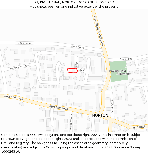 23, KIPLIN DRIVE, NORTON, DONCASTER, DN6 9GD: Location map and indicative extent of plot