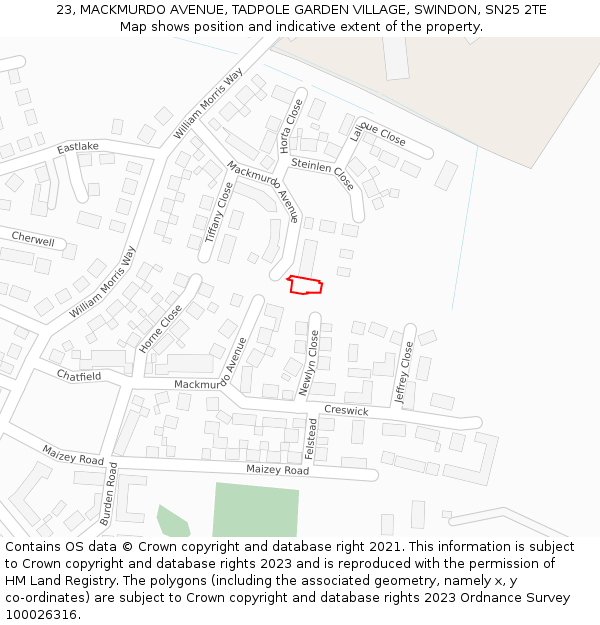 23, MACKMURDO AVENUE, TADPOLE GARDEN VILLAGE, SWINDON, SN25 2TE: Location map and indicative extent of plot