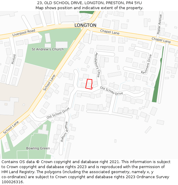 23, OLD SCHOOL DRIVE, LONGTON, PRESTON, PR4 5YU: Location map and indicative extent of plot