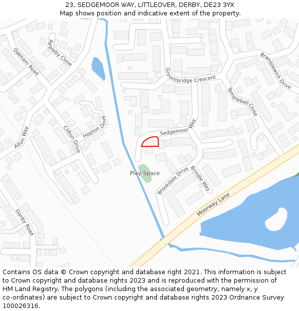 23, SEDGEMOOR WAY, LITTLEOVER, DERBY, DE23 3YX: Location map and indicative extent of plot