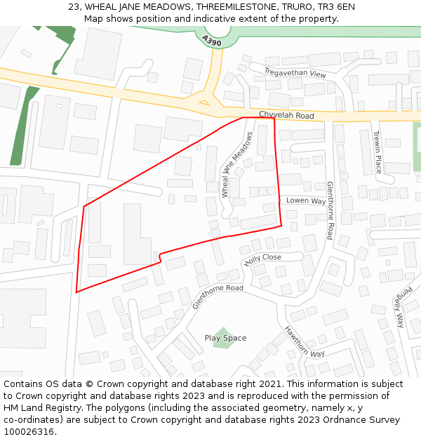 23, WHEAL JANE MEADOWS, THREEMILESTONE, TRURO, TR3 6EN: Location map and indicative extent of plot