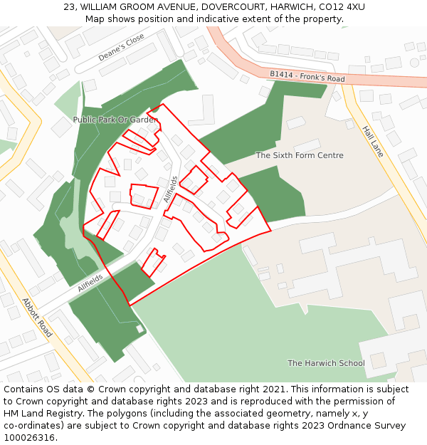 23, WILLIAM GROOM AVENUE, DOVERCOURT, HARWICH, CO12 4XU: Location map and indicative extent of plot