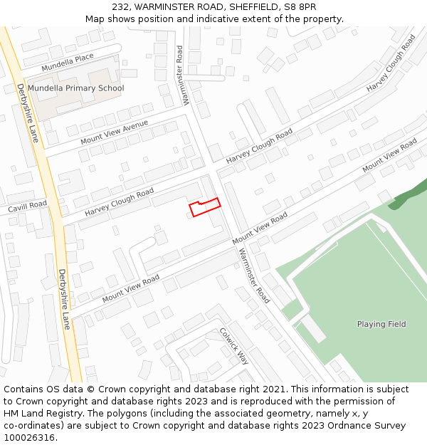 232, WARMINSTER ROAD, SHEFFIELD, S8 8PR: Location map and indicative extent of plot