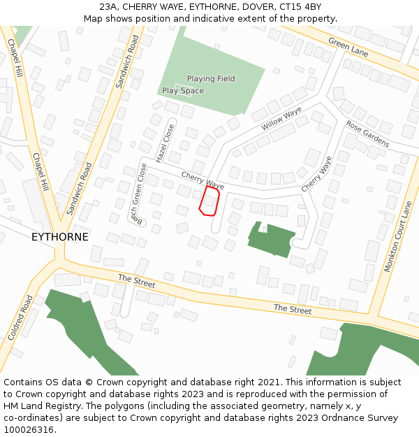 23A, CHERRY WAYE, EYTHORNE, DOVER, CT15 4BY: Location map and indicative extent of plot