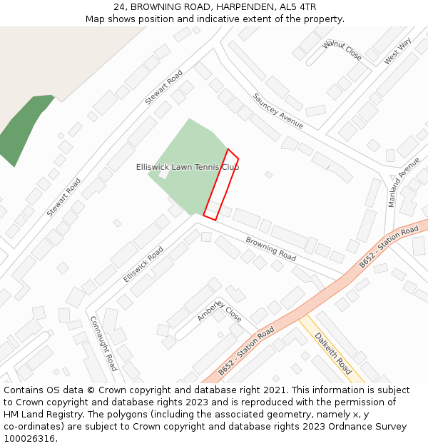 24, BROWNING ROAD, HARPENDEN, AL5 4TR: Location map and indicative extent of plot