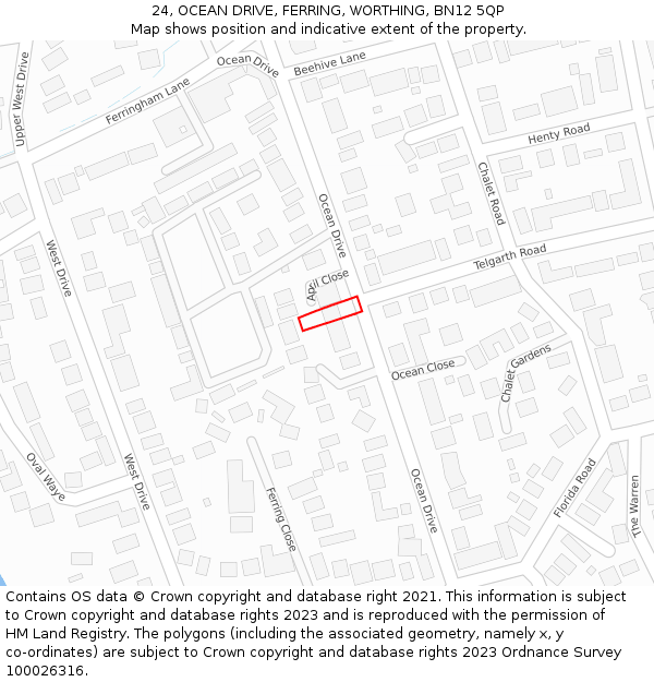 24, OCEAN DRIVE, FERRING, WORTHING, BN12 5QP: Location map and indicative extent of plot