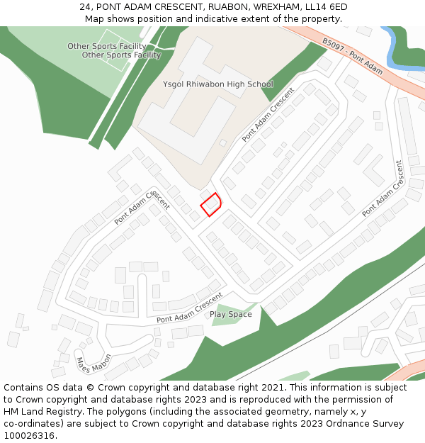 24, PONT ADAM CRESCENT, RUABON, WREXHAM, LL14 6ED: Location map and indicative extent of plot