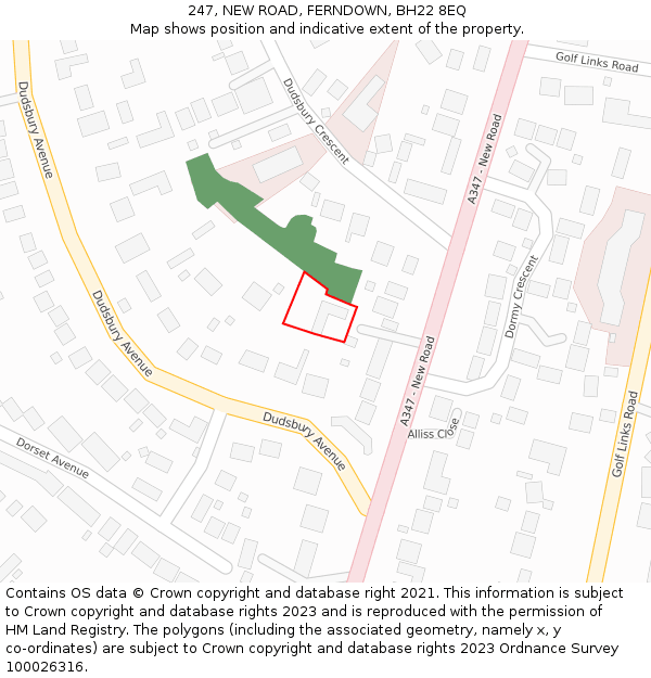 247, NEW ROAD, FERNDOWN, BH22 8EQ: Location map and indicative extent of plot