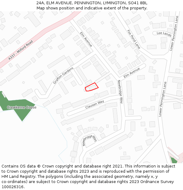 24A, ELM AVENUE, PENNINGTON, LYMINGTON, SO41 8BL: Location map and indicative extent of plot