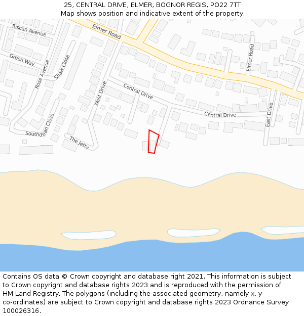 25, CENTRAL DRIVE, ELMER, BOGNOR REGIS, PO22 7TT: Location map and indicative extent of plot