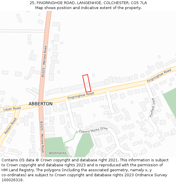 25, FINGRINGHOE ROAD, LANGENHOE, COLCHESTER, CO5 7LA: Location map and indicative extent of plot