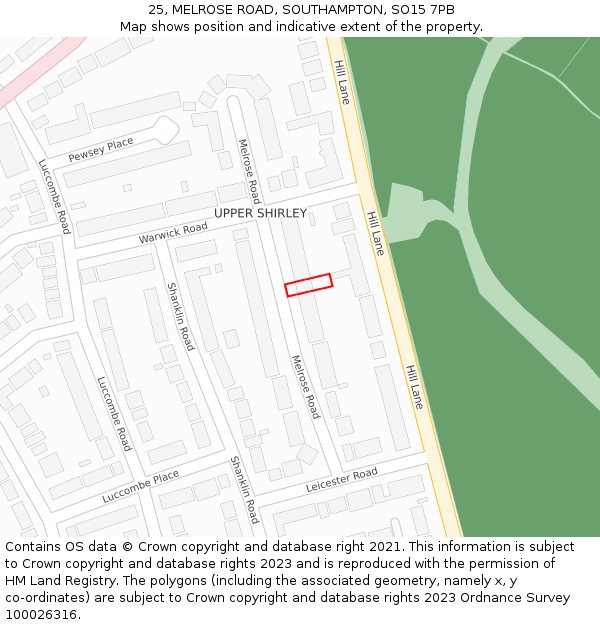 25, MELROSE ROAD, SOUTHAMPTON, SO15 7PB: Location map and indicative extent of plot