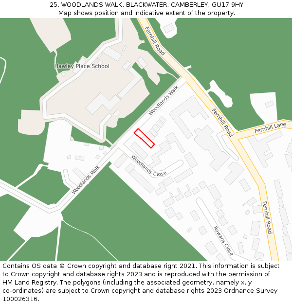 25, WOODLANDS WALK, BLACKWATER, CAMBERLEY, GU17 9HY: Location map and indicative extent of plot