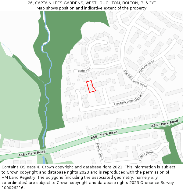 26, CAPTAIN LEES GARDENS, WESTHOUGHTON, BOLTON, BL5 3YF: Location map and indicative extent of plot