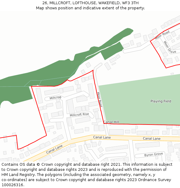 26, MILLCROFT, LOFTHOUSE, WAKEFIELD, WF3 3TH: Location map and indicative extent of plot