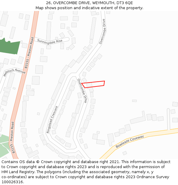 26, OVERCOMBE DRIVE, WEYMOUTH, DT3 6QE: Location map and indicative extent of plot