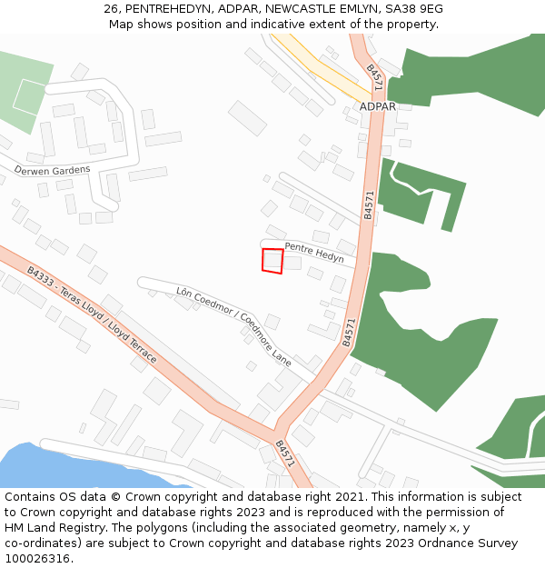26, PENTREHEDYN, ADPAR, NEWCASTLE EMLYN, SA38 9EG: Location map and indicative extent of plot