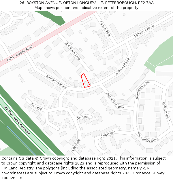 26, ROYSTON AVENUE, ORTON LONGUEVILLE, PETERBOROUGH, PE2 7AA: Location map and indicative extent of plot