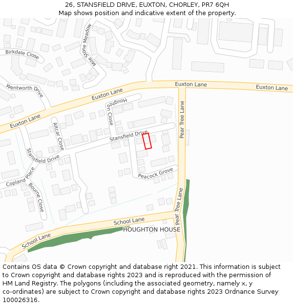 26, STANSFIELD DRIVE, EUXTON, CHORLEY, PR7 6QH: Location map and indicative extent of plot