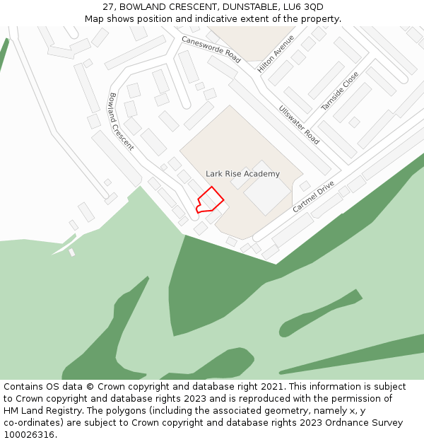 27, BOWLAND CRESCENT, DUNSTABLE, LU6 3QD: Location map and indicative extent of plot