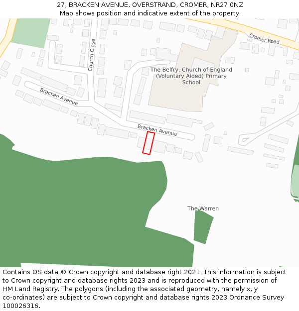 27, BRACKEN AVENUE, OVERSTRAND, CROMER, NR27 0NZ: Location map and indicative extent of plot