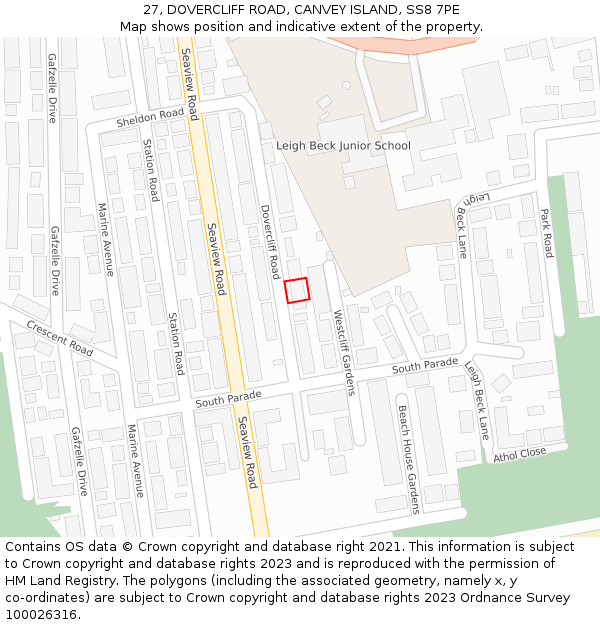 27, DOVERCLIFF ROAD, CANVEY ISLAND, SS8 7PE: Location map and indicative extent of plot