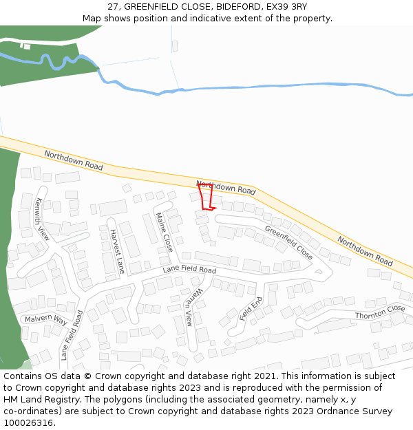 27, GREENFIELD CLOSE, BIDEFORD, EX39 3RY: Location map and indicative extent of plot