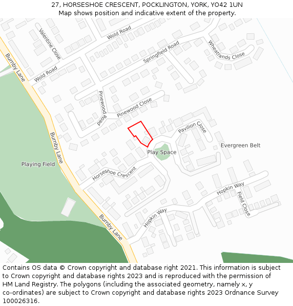 27, HORSESHOE CRESCENT, POCKLINGTON, YORK, YO42 1UN: Location map and indicative extent of plot