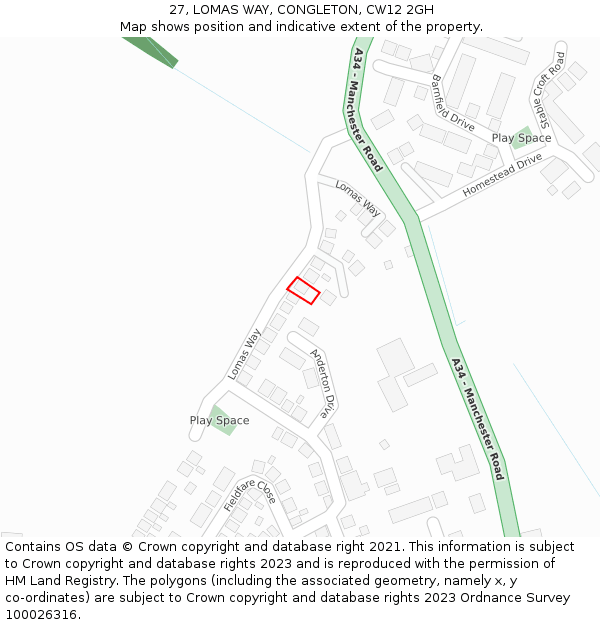 27, LOMAS WAY, CONGLETON, CW12 2GH: Location map and indicative extent of plot