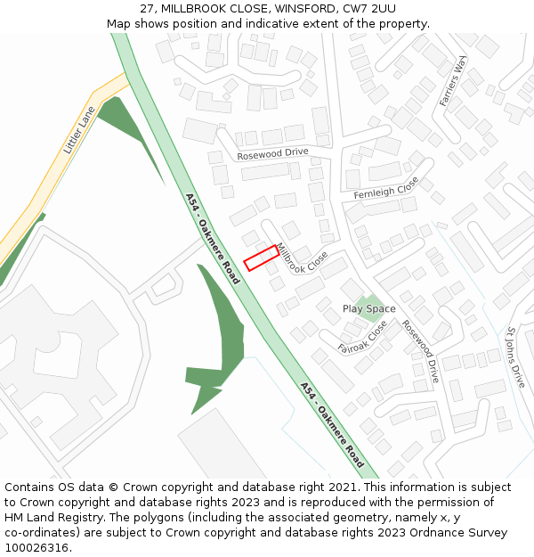 27, MILLBROOK CLOSE, WINSFORD, CW7 2UU: Location map and indicative extent of plot