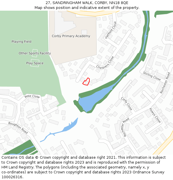 27, SANDRINGHAM WALK, CORBY, NN18 8QE: Location map and indicative extent of plot