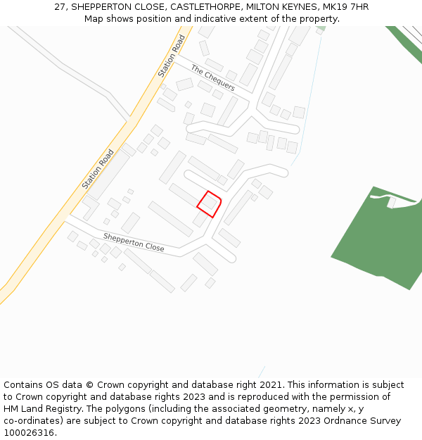 27, SHEPPERTON CLOSE, CASTLETHORPE, MILTON KEYNES, MK19 7HR: Location map and indicative extent of plot