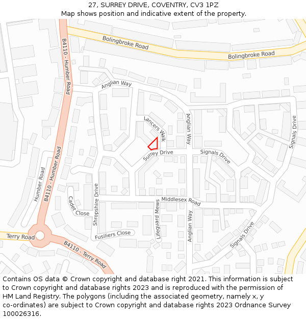 27, SURREY DRIVE, COVENTRY, CV3 1PZ: Location map and indicative extent of plot