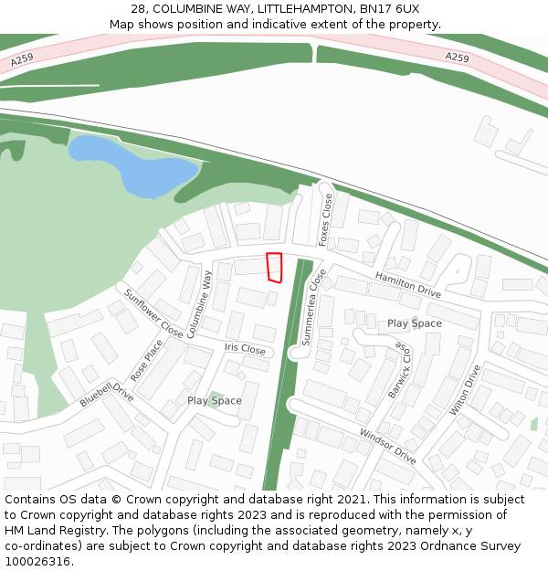 28, COLUMBINE WAY, LITTLEHAMPTON, BN17 6UX: Location map and indicative extent of plot